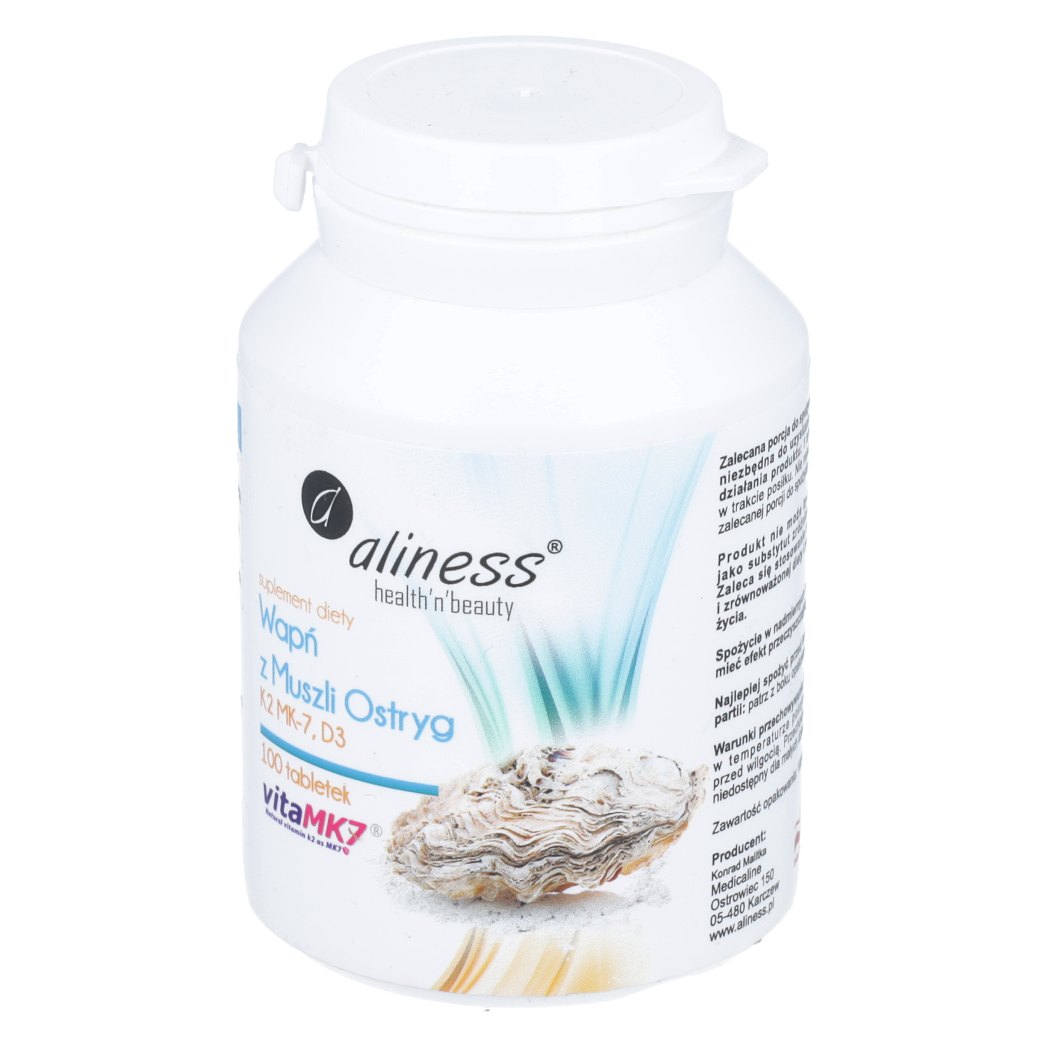 Aliness wapń z muszli ostryg z k2 mk7 i d3, 100 tabletek