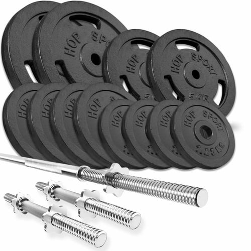 Gusseisen Hantelset 59 kg mit Langhantel und Kurzhanteln