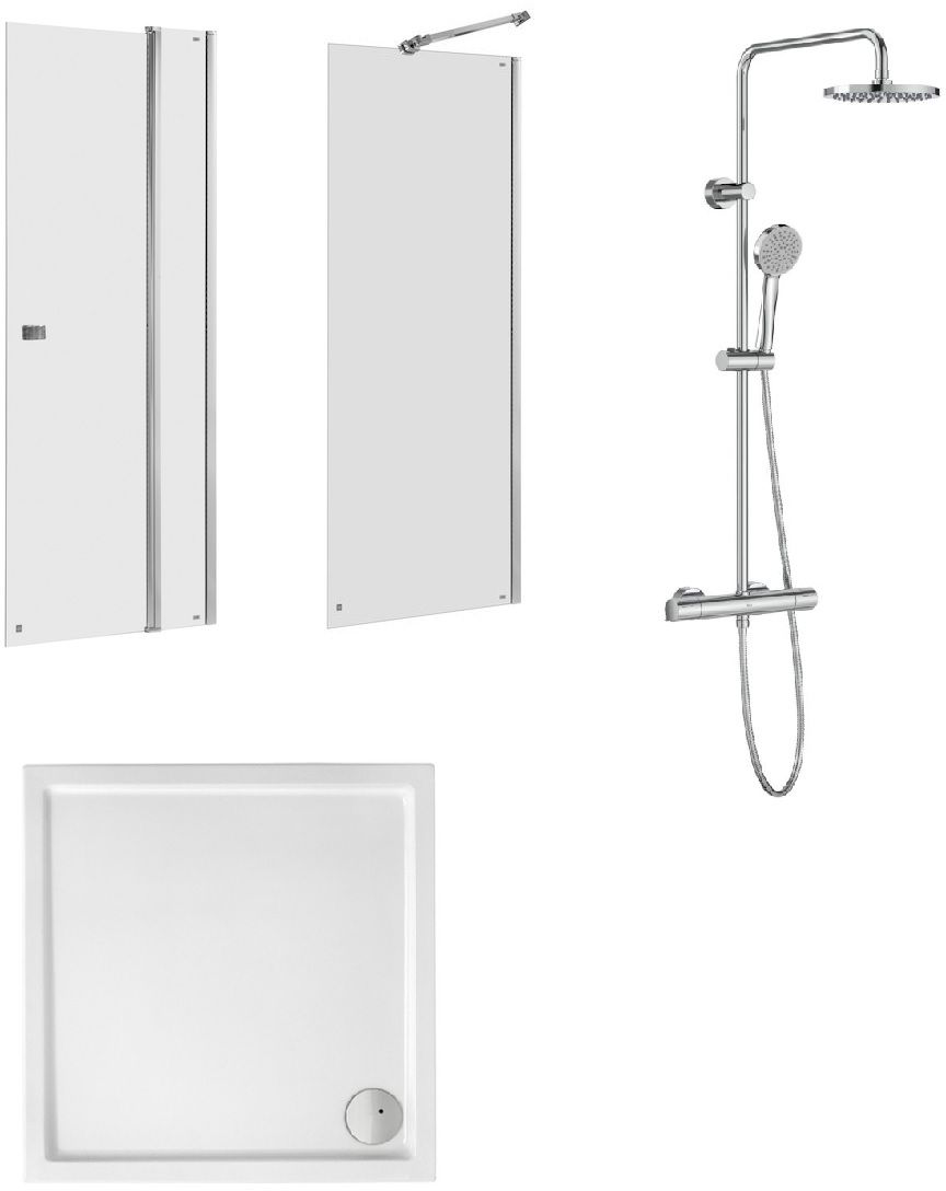 Zestaw Roca Capital kabina prysznicowa 90 cm kwadratowa z brodzikiem Malaga Square Compact i zestawem termostatycznym Victoria chrom/szkło ...