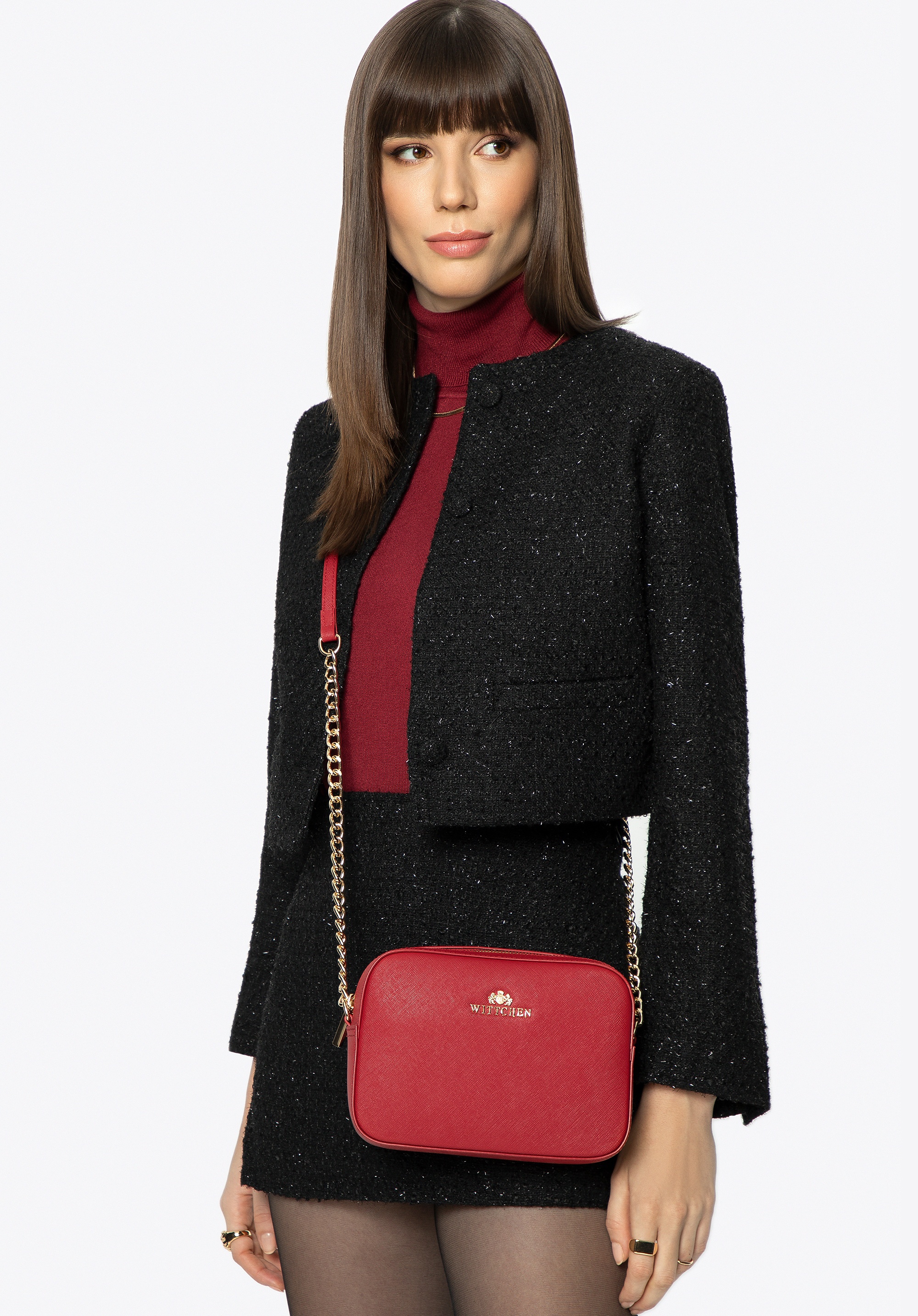 Damska listonoszka ze skóry saffiano pudełkowa na łańcuszku czerwona