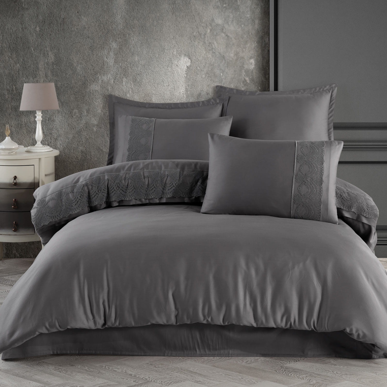 Pościel bawełniana 220x200 satyna z gipiurą szary