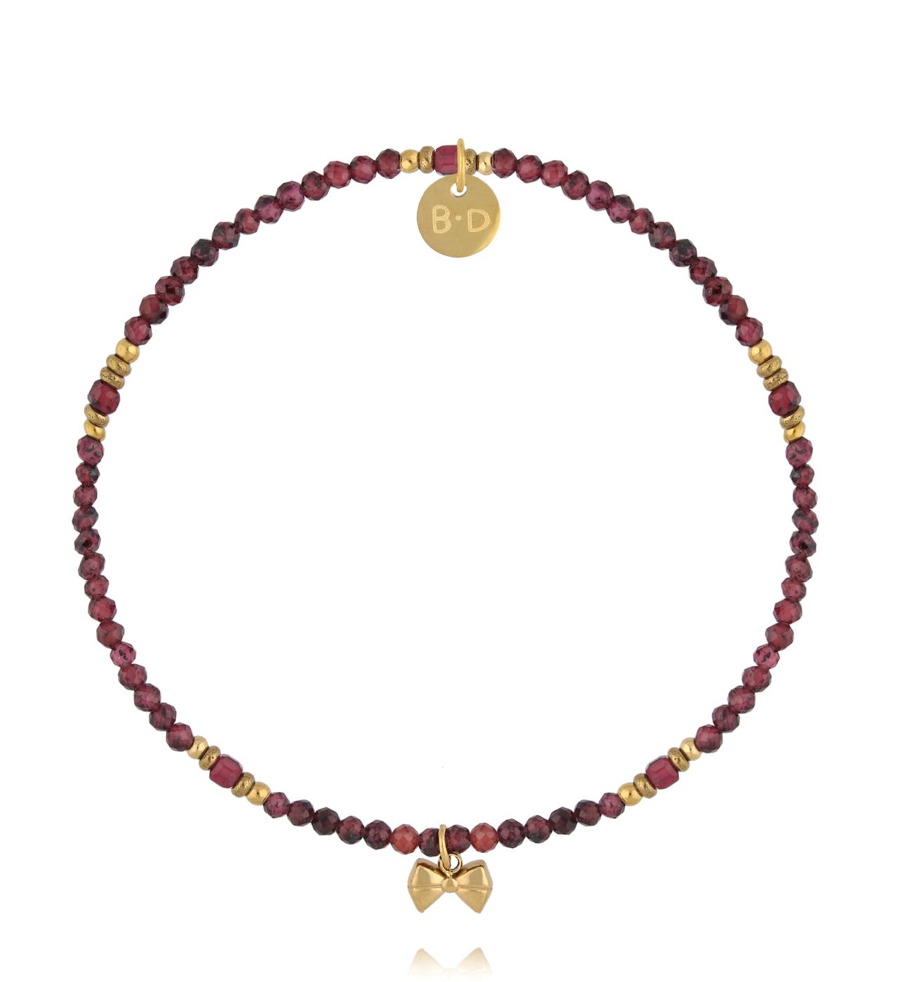 Bransoletka z naturalnego granatu i złoconą kokardką - By Dziubeka