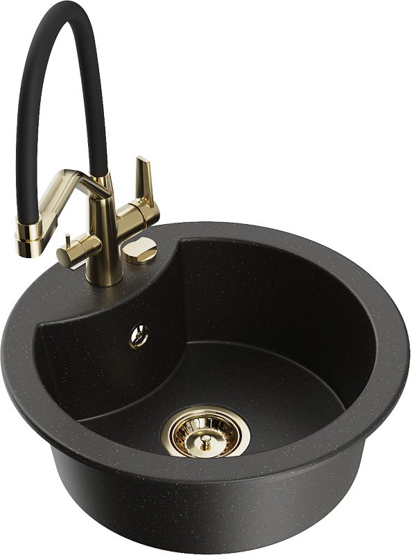 Zlewozmywak granitowy Mexen Diego 1-komorowy z baterią kuchenną Duo czarny/złoty 6512-75-671701-57-G
