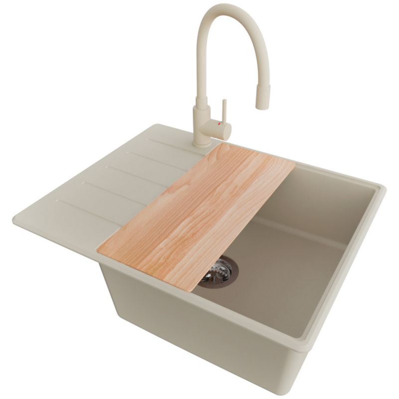 Zlewozmywak Granitowy Kopenhaga PRIMAGRAN Nablatowy 62x50cm do szafki od 50cm, Beżowy + Bateria + Syfon + Deska, S465, 1 szt.