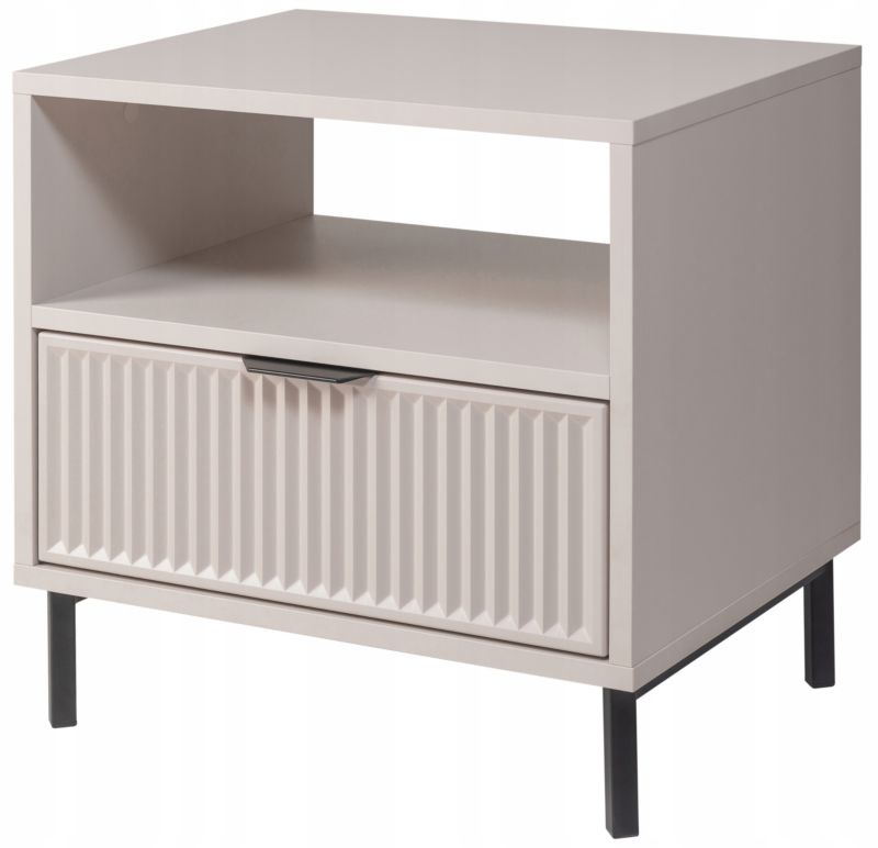 Szafka nocna Furnidea 54 cm kaszmirowa ryflowane fronty czarne metalowe nóżki LINK 1 szt.