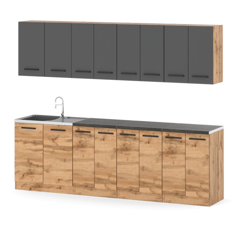 Zestaw Kuchenny Hurtownia-Mebli Z Blatem Kuchnia Vero 260cm Dąb Wotan Szary Mat/Dąb Wotan 260x47x145 cm 1szt.