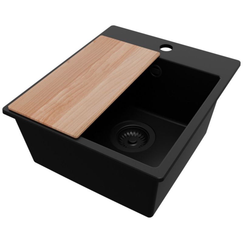 Zlewozmywak Ryga Easy PRIMAGRAN Nablatowy 38x44cm do szafki od 40cm z Syfonem i Dodatkiem Cały Czarny 1 szt.