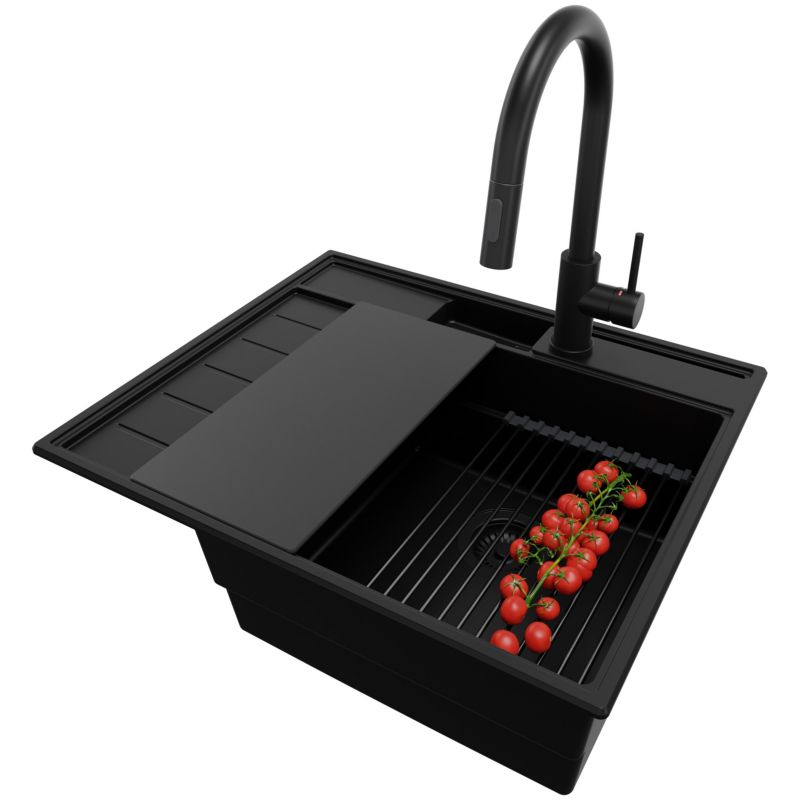 Zlewozmywak Granitowy Sydney Pocket PRIMAGRAN Nablatowy 62x53cm, Cały Czarny + Bateria + Syfon + Akcesorium, S047, 1 szt.