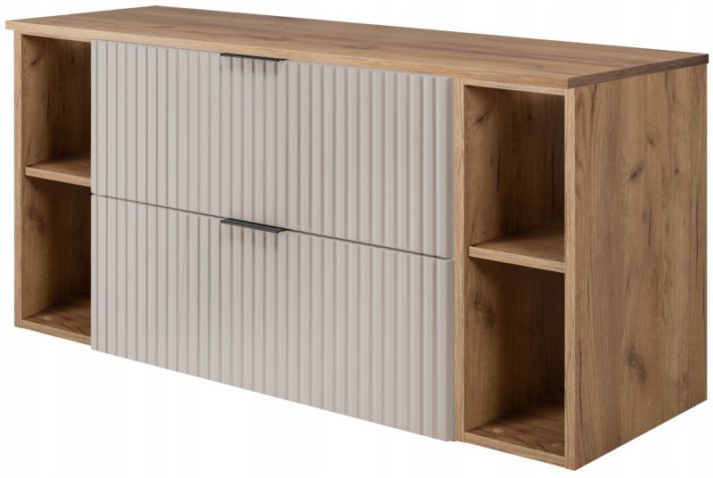Szafka łazienkowa Furnidea 120 cm wisząca kaszmir z blatem i regałami dąb craft Flow 1 szt.