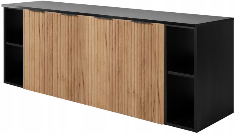 Szafka łazienkowa Furnidea 160 cm wisząca pod umywalkę Dąb Craft z czarnym blatem i regałami Flow 1 szt.