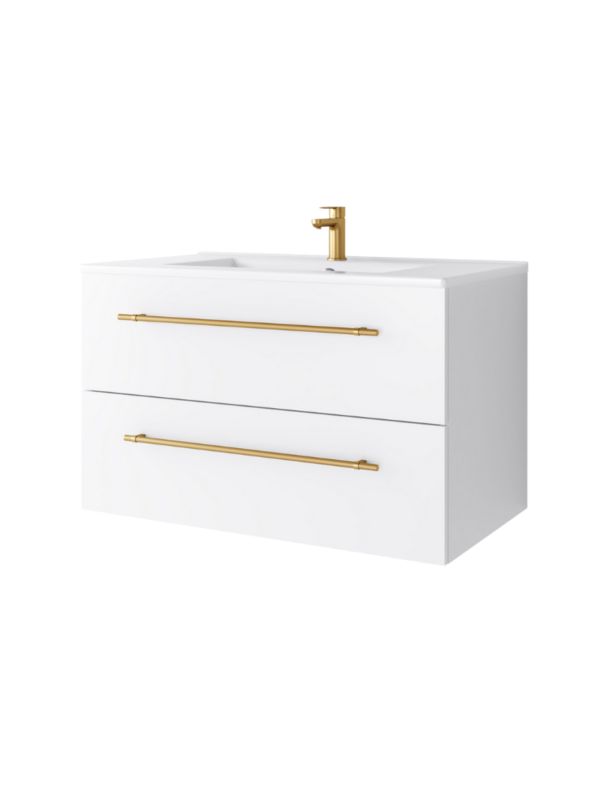 Zestaw szafka łazienkowa z umywalką ceramiczną Uptrend NAVA 80, 0D2S Biały Mat - uchwyt złoto 1 kpl.