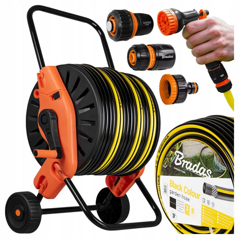 Wózek z wężem ogrodowym Bradas Black 1/2" 30m ze złączkami i pistoletem 1 kpl.
