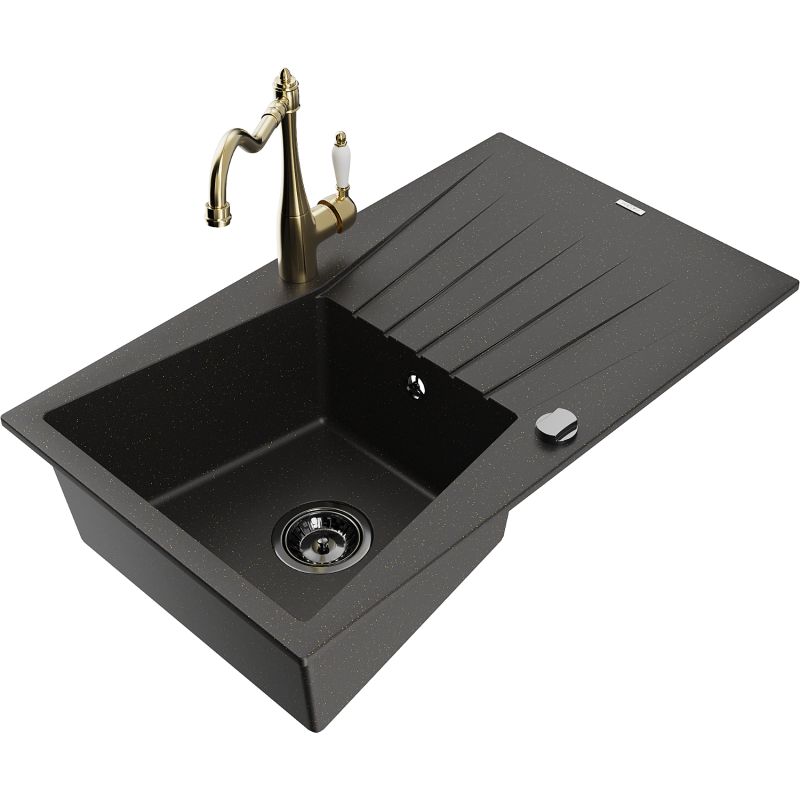 Zlewozmywak granitowy 1-komorowy Mexen Cesar z ociekaczem i baterią kuchenną Carla czarny/złoty metalik 6514-75-670700-50-B