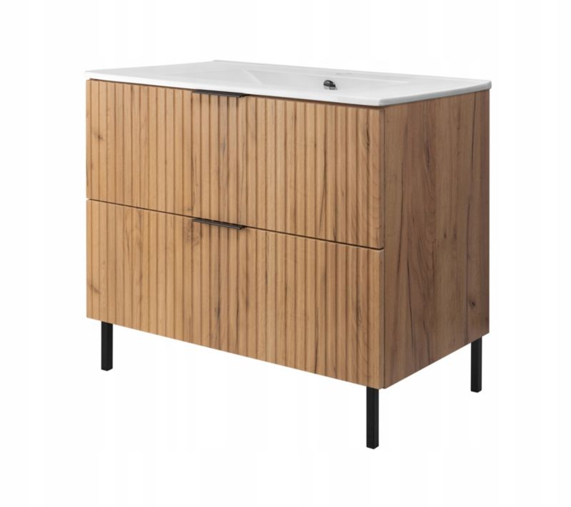 Szafka łazienkowa Furnidea 80 cm dąb craft złoty ryflowana z umywalką FLOW 1 szt.