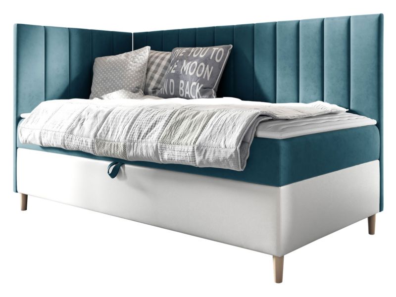 Łóżko kontynentalne MIRJAN 24 Maja Junior 3 90x200, Strona: Lewa biała ekoskóra/szaroniebieski 1 szt.