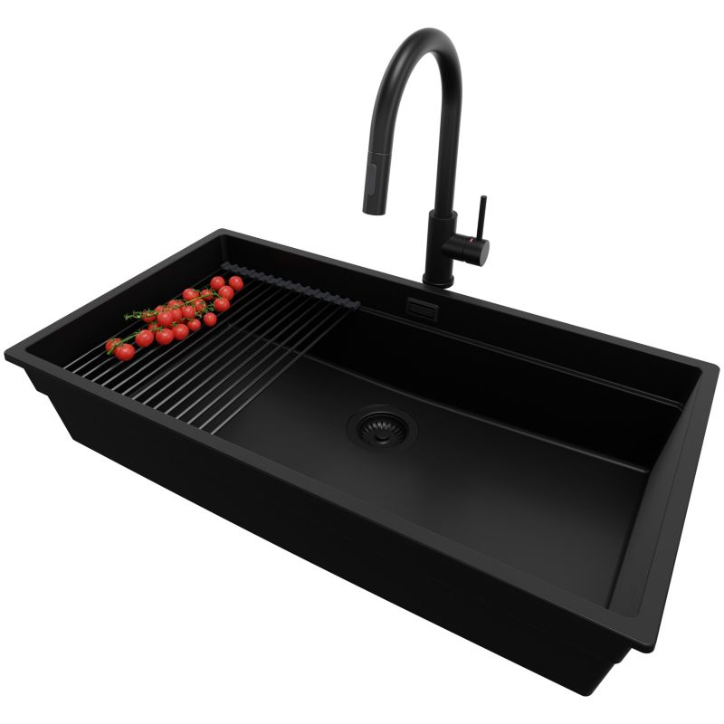 Zlewozmywak Granitowy Praga Slim PRIMAGRAN Nablatowy 86x47cm, Cały Czarny + Bateria + Syfon + Akcesorium, S689, 1 szt.