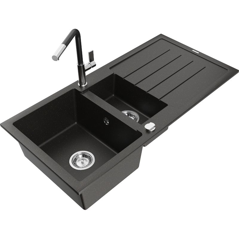 Zlewozmywak granitowy 1.5-komorowy Mexen Andres z ociekaczem i baterią kuchenną Flora szary - 6515-71-670401-70-B 1 szt.