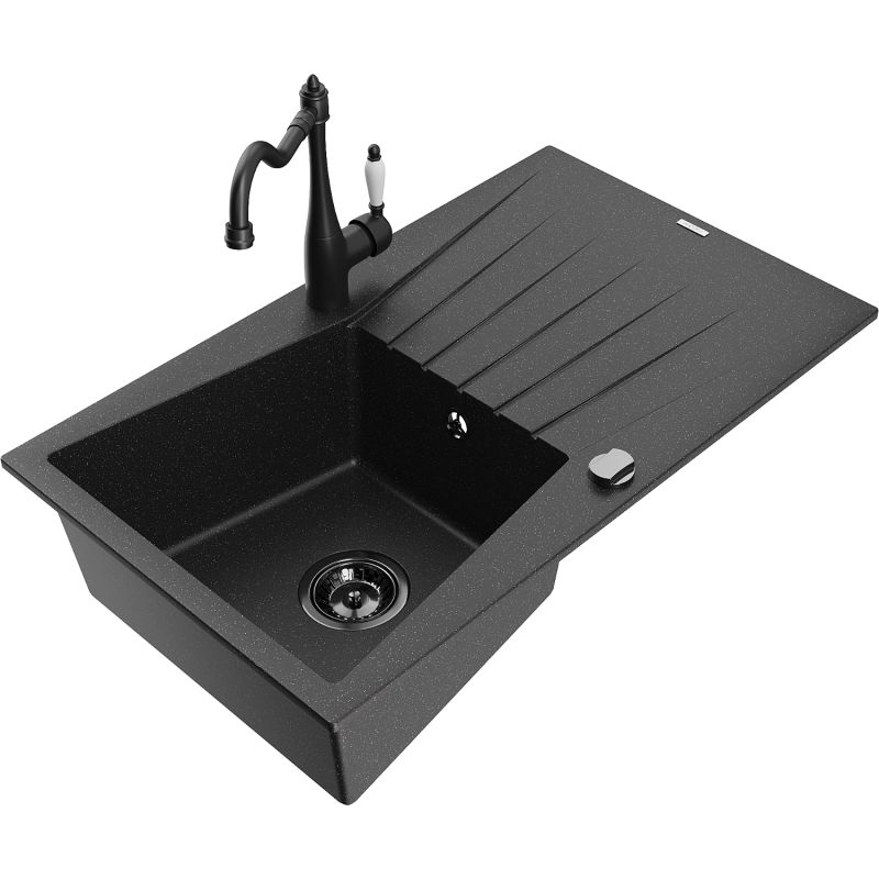 Zlewozmywak granitowy 1-komorowy Mexen Cesar z ociekaczem i baterią kuchenną Carla czarny/srebrny metalik 6514-73-670700-70-B