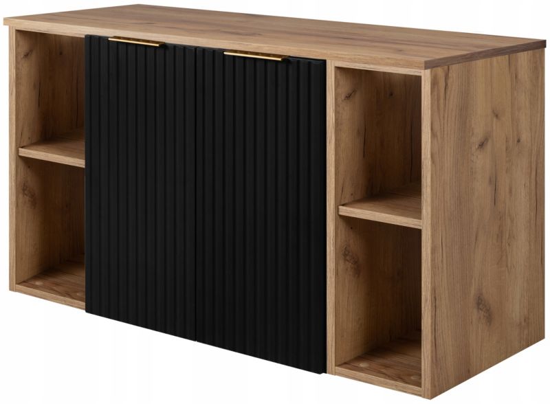Szafka łazienkowa Furnidea 100 cm wisząca pod umywalkę czarna z blatem i regałami dąb craft złoty Flow 1 szt.