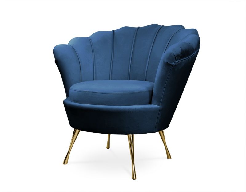 Fotel tapicerowany Bettso Muszelka na złotej nodze do salonu granatowy 1szt.