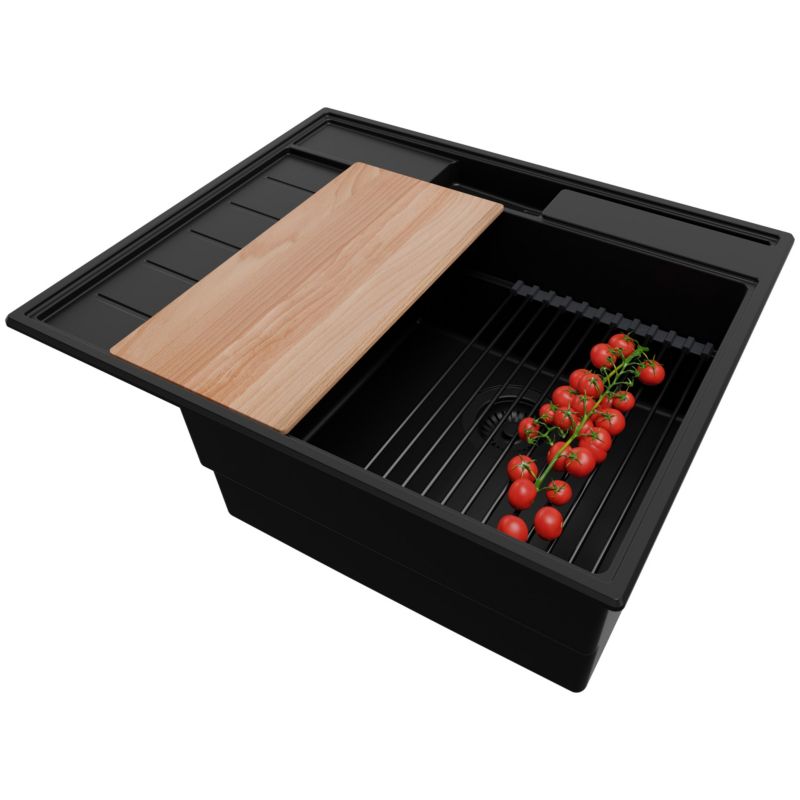 Zlewozmywak Sydney Pocket PRIMAGRAN Nablatowy 62x53cm do szafki od 45cm, Cały Czarny + Syfon + Akcesoria, S041, 1 szt.