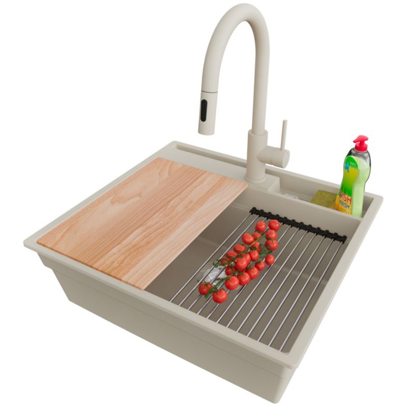 Zlewozmywak Granitowy Oslo Pocket PRIMAGRAN Nablatowy 58x53cm, Beżowy + Bateria + Syfon + Akcesorium, S288, 1 szt.