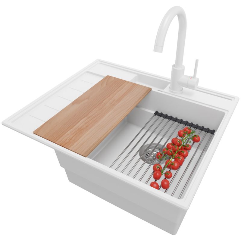 Zlewozmywak Granitowy Sydney Pocket PRIMAGRAN Nablatowy 62x53cm, Biały + Bateria + Syfon + Akcesorium, S033, 1 szt.