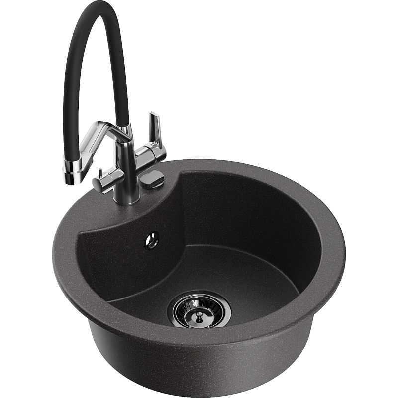 Zlewozmywak granitowy 1-komorowy Mexen Diego z baterią kuchenną Duo czarny/srebrny metalik - 6512-73-671701-70-B 1 szt.