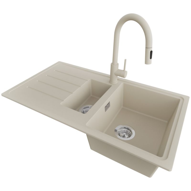 Zlewozmywak Granitowy Kopenhaga Duo PRIMAGRAN Nablatowy 90x50cm do szafki od 60cm, Beżowy + Bateria 40x20cm + Syfon, S025, 1 szt.