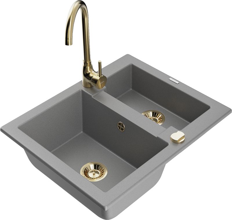 Zlewozmywak granitowy Mexen Carlos 1,5-komorowy z baterią kuchenną Telma szary 6518-71-670200-50
