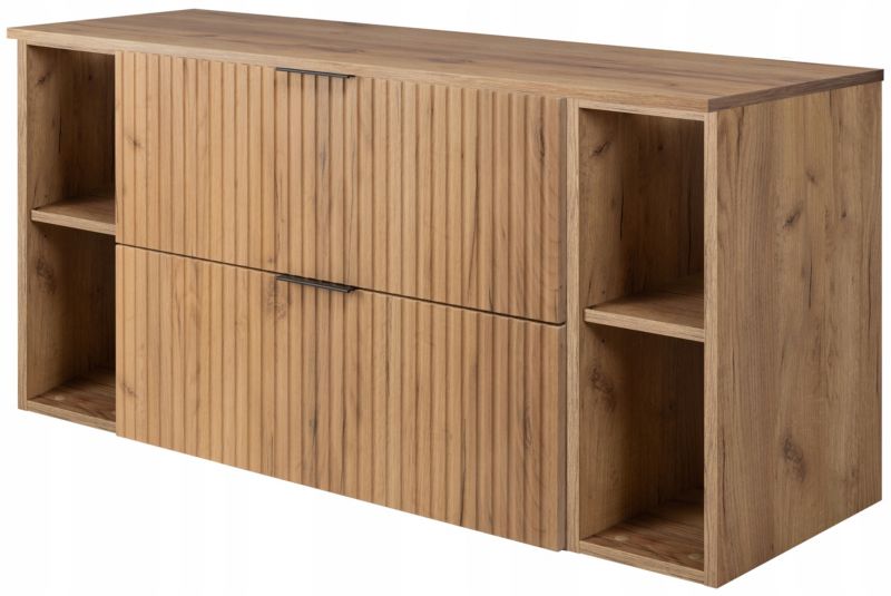 Szafka łazienkowa Furnidea 120 cm wisząca pod umywalkę dąb craft złoty z regałami i blatem FLOW 1 szt.