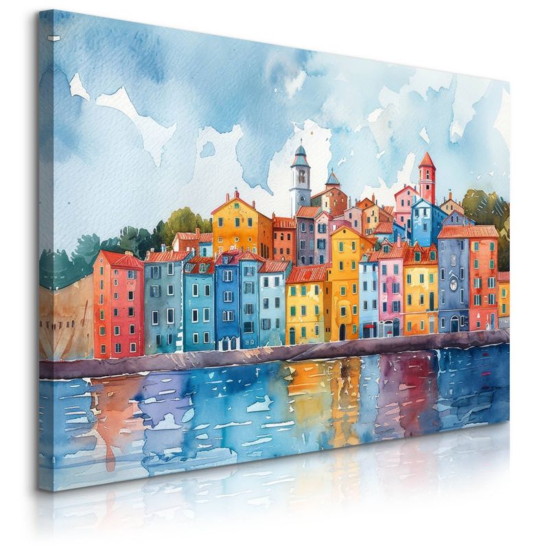 Obraz Muralo Krajobraz Malowane Budynki Akwarele Rzeka 70x50 cm 1 szt.