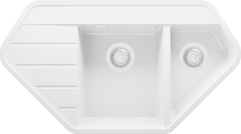 Zlewozmywak Narożny Kopenhaga Corner PRIMAGRAN Nablatowy 90x50cm do szafki od 70cm, Cały Biały + Syfon, S007, 1 szt.