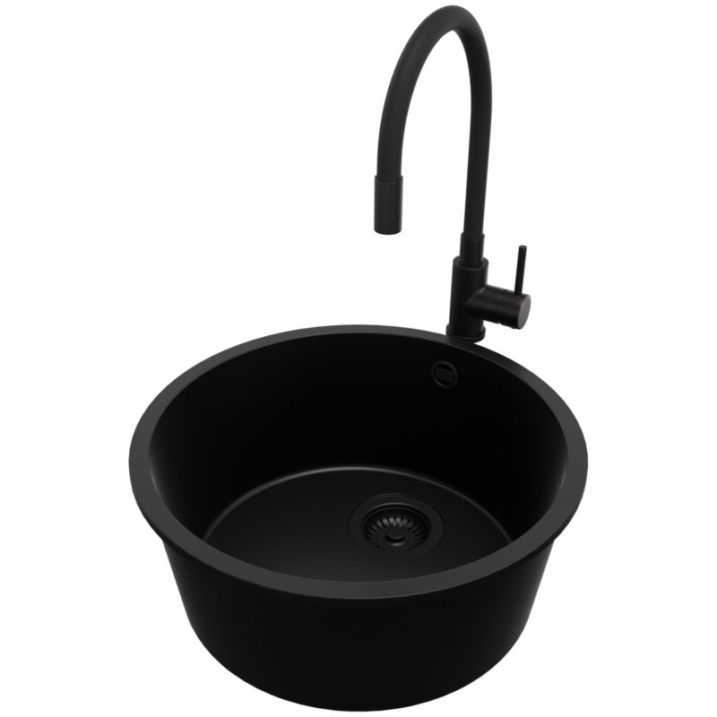 Zlewozmywak Granitowy Okrągły Valetta Slim PRIMAGRAN Nablatowy 46x46cm, Cały Czarny + Bateria + Syfon, S028, 1 szt.