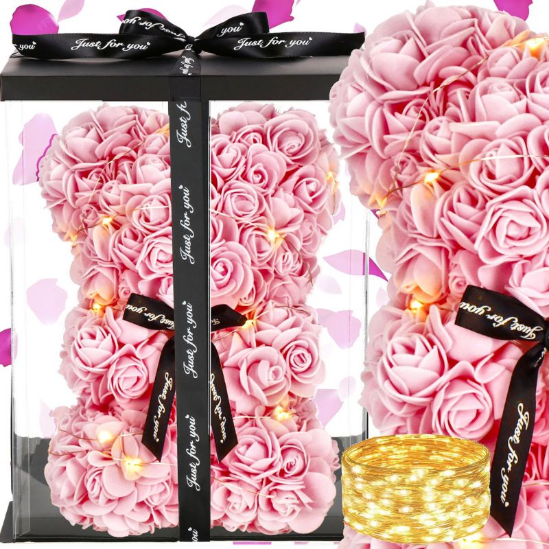 Miś z róż Springos 25 cm LED, w pudełku ciepły biały 1 szt.