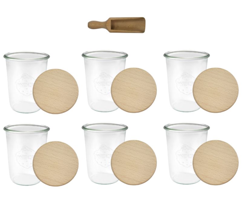 Słoiki MODO24 Weck 850 ml fi 100 mold drewniane wieka miarka 6 kpl.