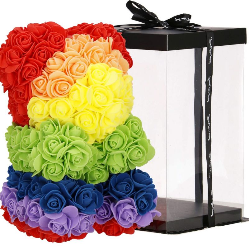 Miś z róż Springos 25 cm rose bear z pudełkiem tęczowy 1 szt.