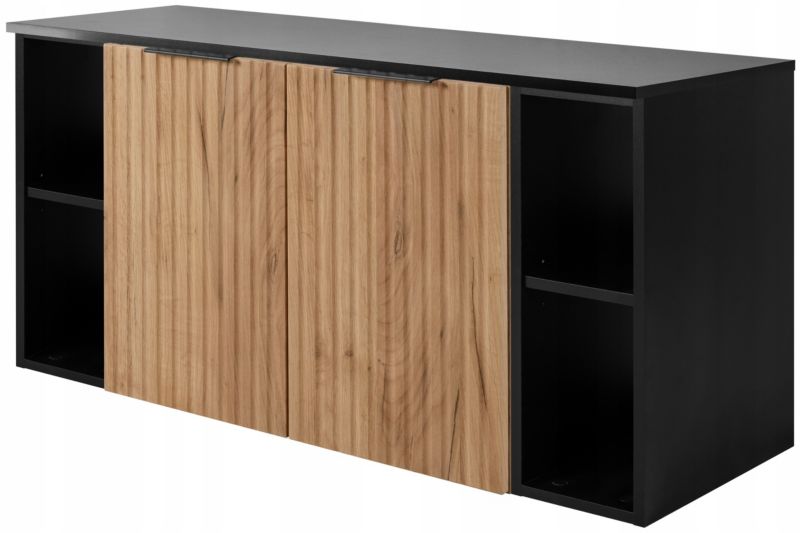 Szafka łazienkowa Furnidea 120 cm wisząca pod umywalkę dąb craft złoty z czarnym blatem i regałami Flow 1 szt.