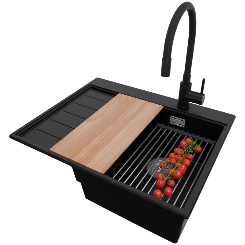 Zlewozmywak Granitowy Sydney PRIMAGRAN Nablatowy 62x50cm do szafki od 40cm, Czarny + Bateria + Syfon + Akcesoria, S038, 1 szt.