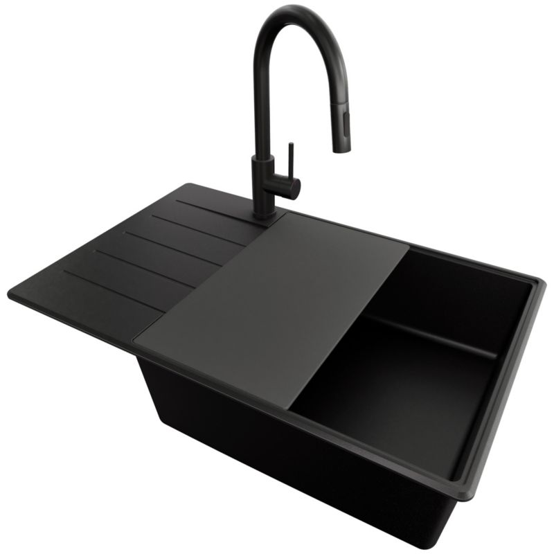 Zlewozmywak Granitowy Kopenhaga PRIMAGRAN Nablatowy 78x50cm, Cały Czarny + Bateria + Syfon + Akcesorium, S657, 1 szt.