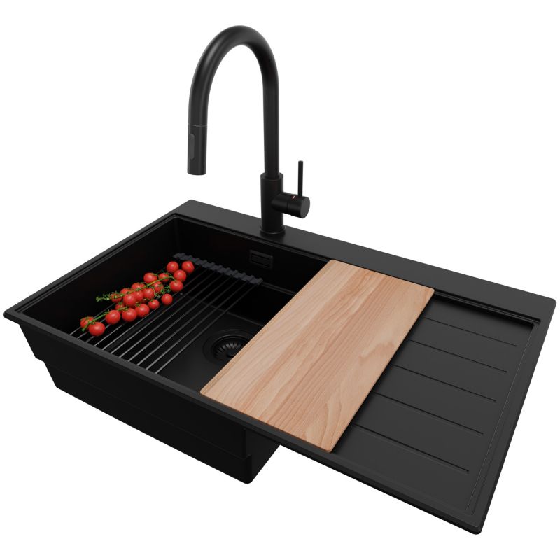 Zlewozmywak Granitowy Sydney PRIMAGRAN Nablatowy 78x50cm, Cały Czarny + Bateria + Syfon + Akcesorium, S379, 1 szt.