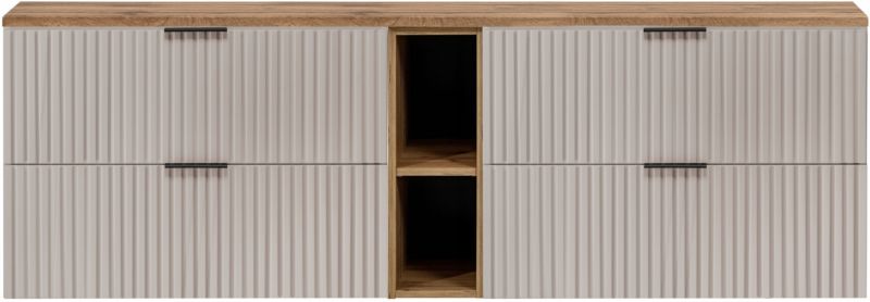 Szafka łazienkowa Furnidea 180 cm wisząca z blatem dąb Wotan i regałem Flow kaszmir 1 szt.