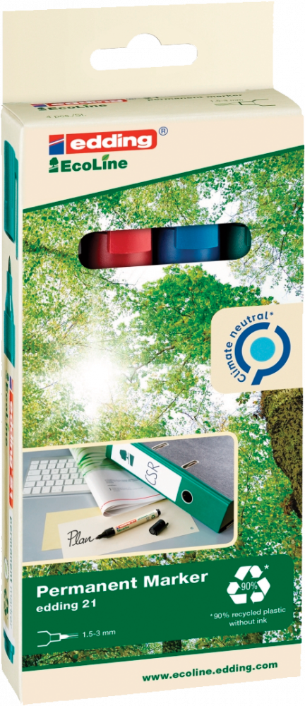 Marker permanentny Edding 21 EcoLine, okrągła, 1.5-3mm, 4 sztuki, mix kolorów