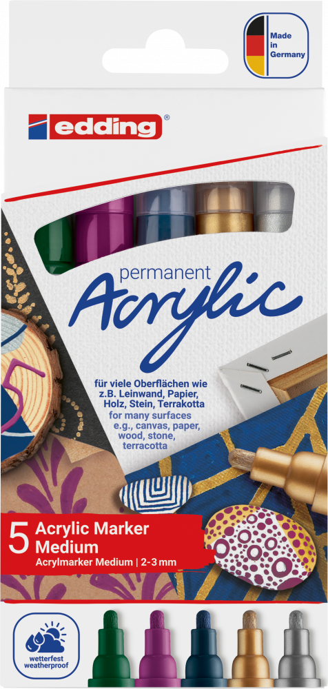 Marker akrylowy edding 5100, okrągła, 2-3mm, 5 sztuk, mix kolorów uroczystych