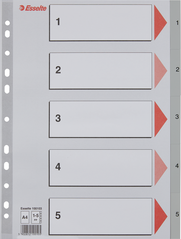Przekładki do segregatora Esselte, plastikowe, numeryczne, A4, 1-5 kart, szary