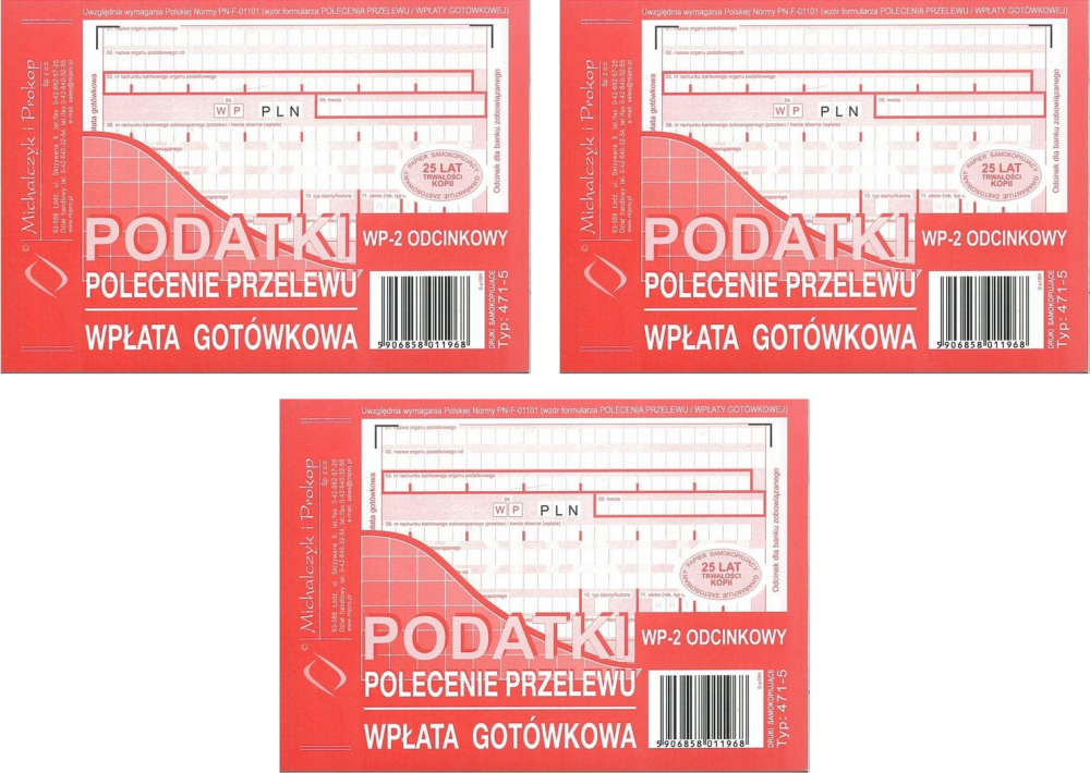 3x Druk akcydensowy Podatki polecenie przelewu/wpł.got. MiP 471-5, 2-odcinkowe, A6, 1 kopia, 80k