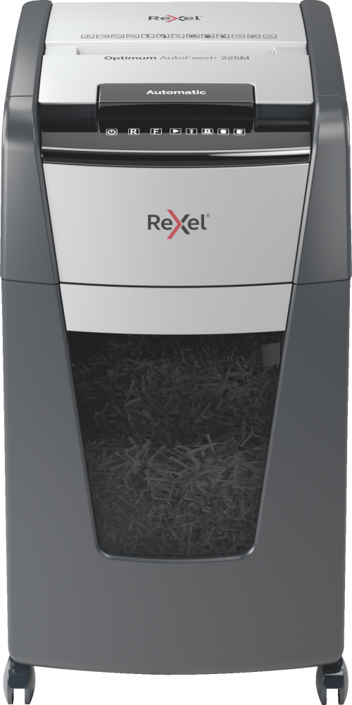Niszczarka do papieru automatyczna Rexel Optimum AutoFeed+ 225M, mikrościnek 2x15 mm, 225 kartek, P-5 DIN, czarno-srebrny