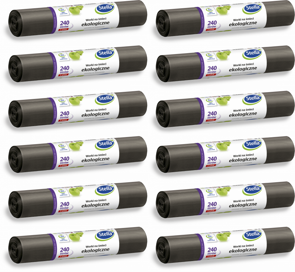 12x Worki na śmieci Stella, na odpady zmieszane, ekologiczne, 240l, 5 sztuk, czarny