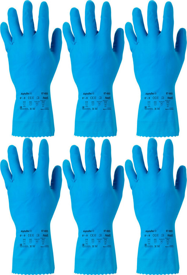 6x Rękawiczki lateksowe Ansell AlphaTec 87-665, rozmiar 8.5-9, niebieski
