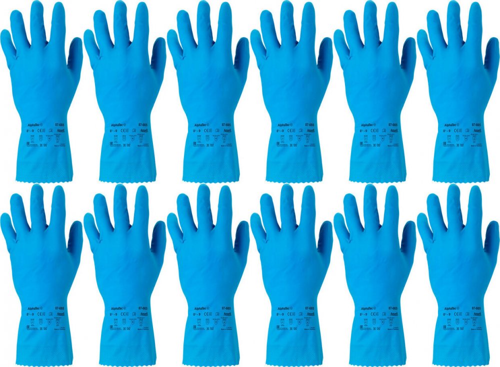 12x Rękawiczki lateksowe Ansell AlphaTec 87-665, rozmiar 8.5-9, niebieski